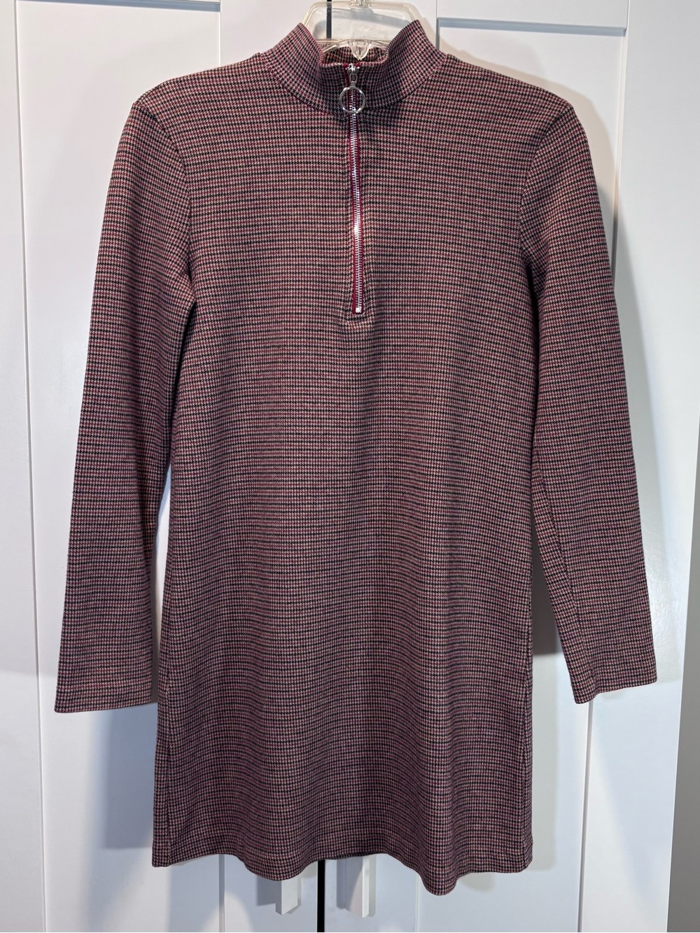 Zara Collection Houndstooth Mini Dress O Ring Zip Mock Neck Long Sleeve Womens S